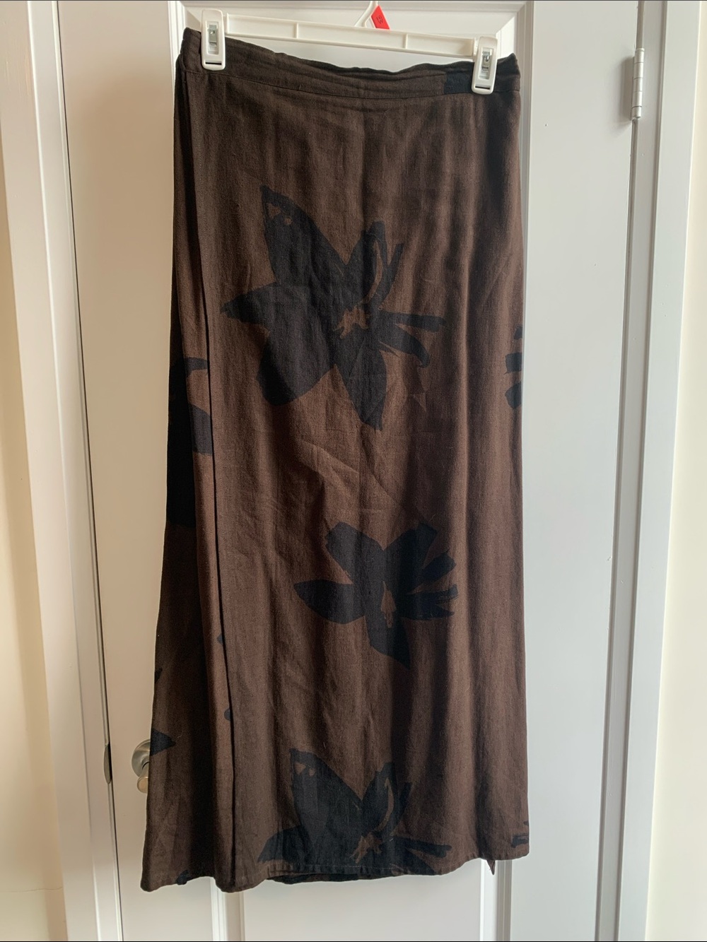 Brown Floral Maxi Faux Wrap Skirt Flat Front Panel & Elasticized Back Waistband